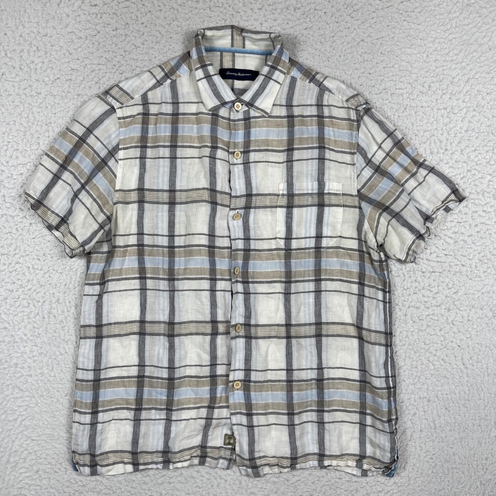 Tommy Bahama Button Down Shirt Mens Large White Blue Tan Plaid Linen Casual‎